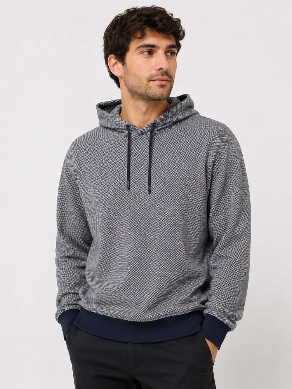 NWT Goodfellow & Co Men's Textured Knit Pullover Hoodie - Blue/Gray Check XXL